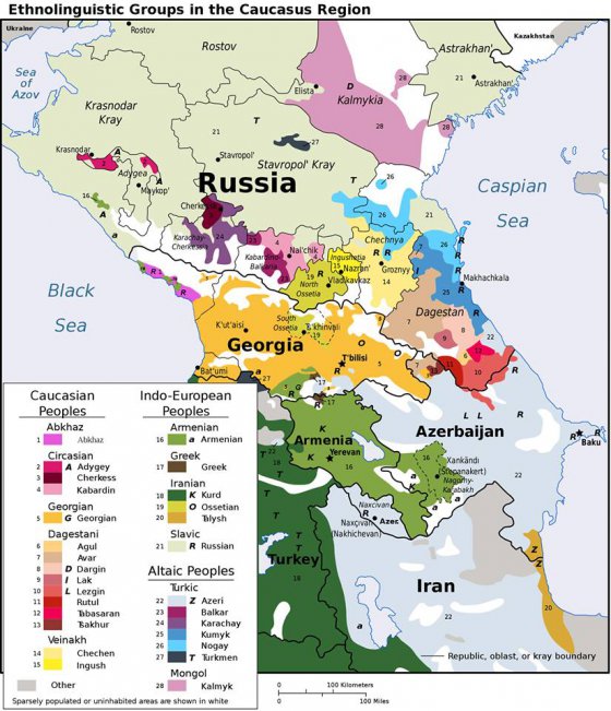 კავკასიის ეთნიკური რუკა.   მსოფლიოში ცხოვრობს: