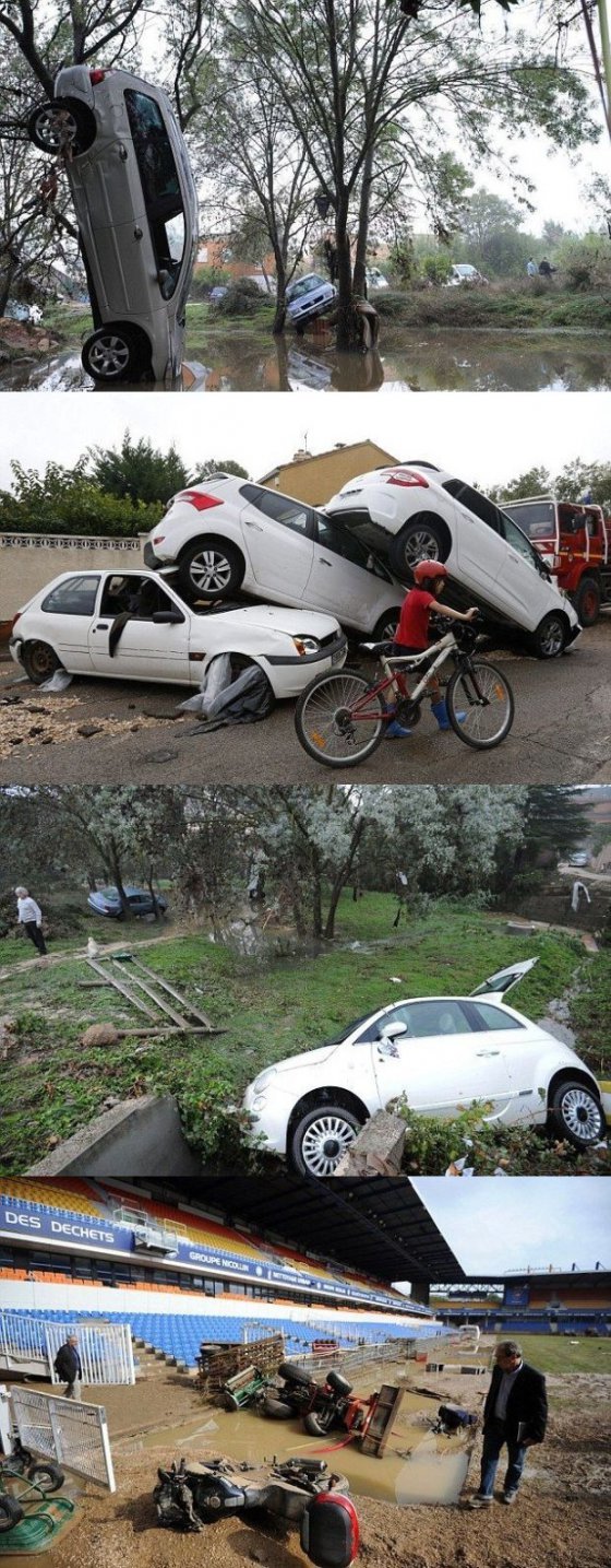 ქარიშხლის მიერ გაფანტული მანქანები საფრანგეთში